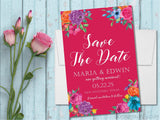 mexican fiesta save the date bright pink floral announcement