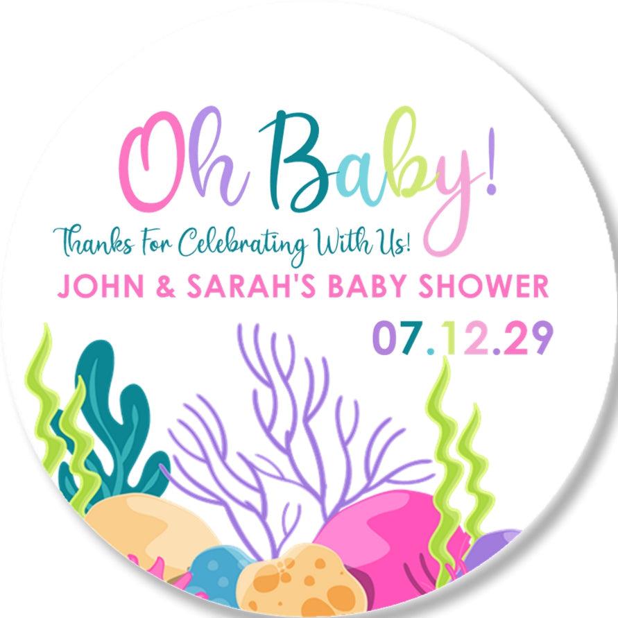 oh baby under the sea baby shower sticker with coral reef design