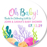 oh baby under the sea baby shower sticker with coral reef design