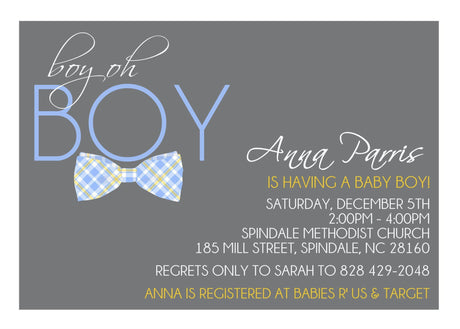 oh boy baby shower invitations gray blue bow tie design