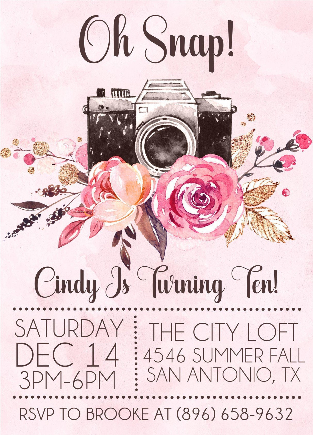 oh snap birthday invitations blush photography theme