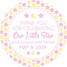 our little star baby shower sticker with pink and yellow design