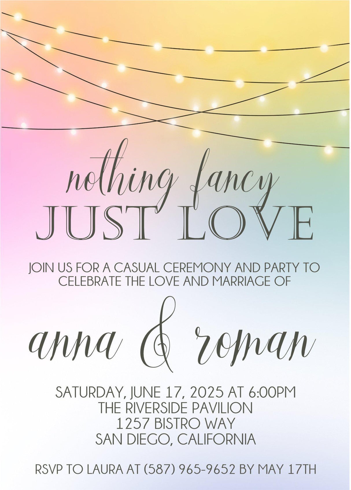 pastel rainbow wedding invitation featuring glowing string lights and romantic evening styling