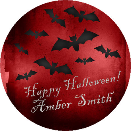 personalized halloween sticker with black bats flying across deep red background