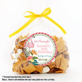 personalized luau party favor sticker with greenery and flamingo