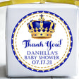 personalized prince baby shower favor label with gold crown design