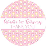 pink Minnie bow birthday sticker with pastel bow pattern