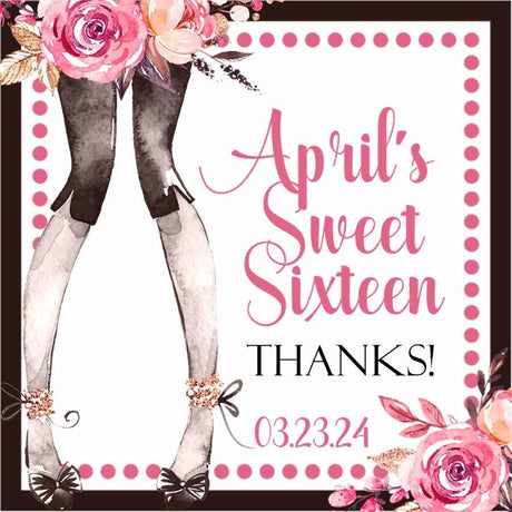 pink and black sweet sixteen birthday sticker with floral legs design