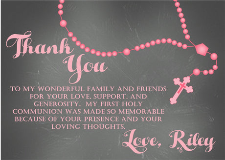 pink chalkboard rosary communion thank you cards elegant religious design