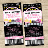 pink cinema birthday ticket invitation with movie theater inspired design