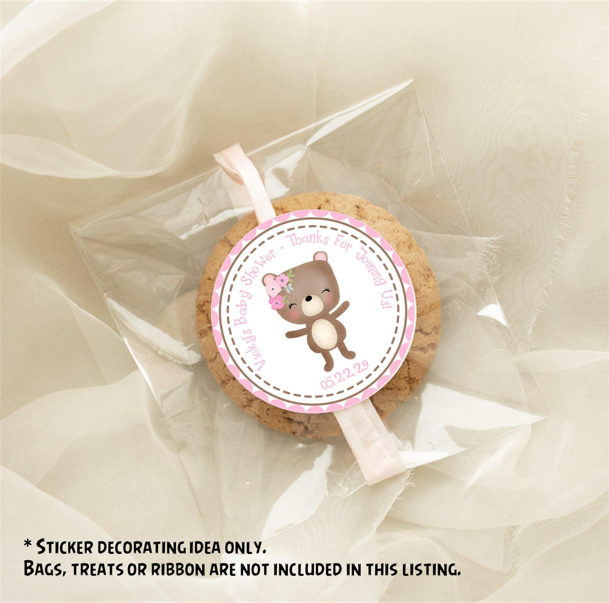 pink floral bear baby shower favor label