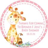 pink giraffe baby shower favor sticker with watercolor giraffe