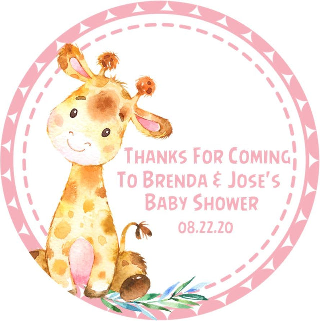 pink giraffe baby shower favor sticker with watercolor giraffe
