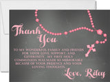 pink rosary communion thank you notes chalkboard background style