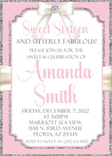 pink silver sweet sixteen invitations elegant satin bow theme
