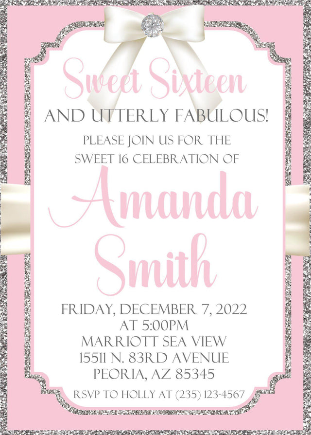 pink silver sweet sixteen invitations elegant satin bow theme