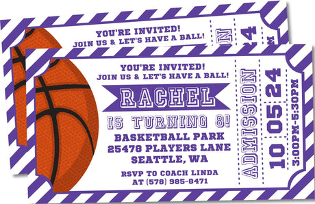purple basketball birthday ticket invitations colorful admit one theme