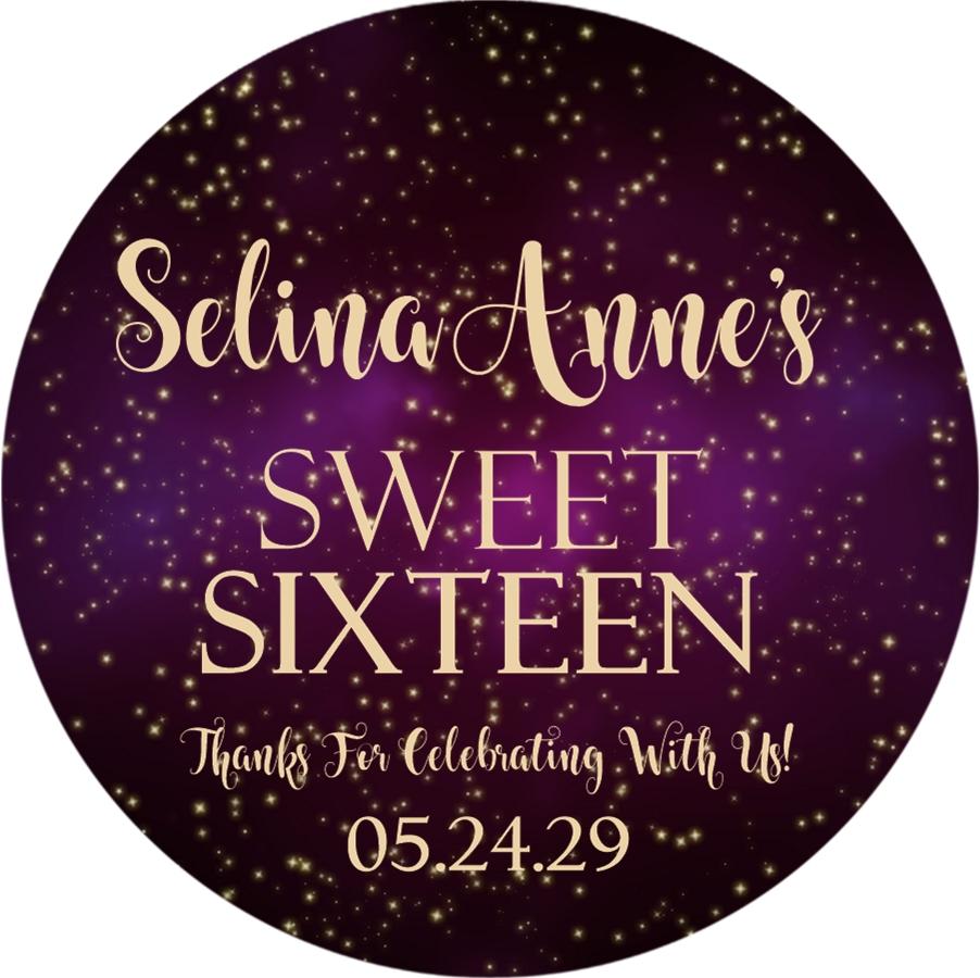 purple galaxy sweet sixteen birthday sticker with starry background