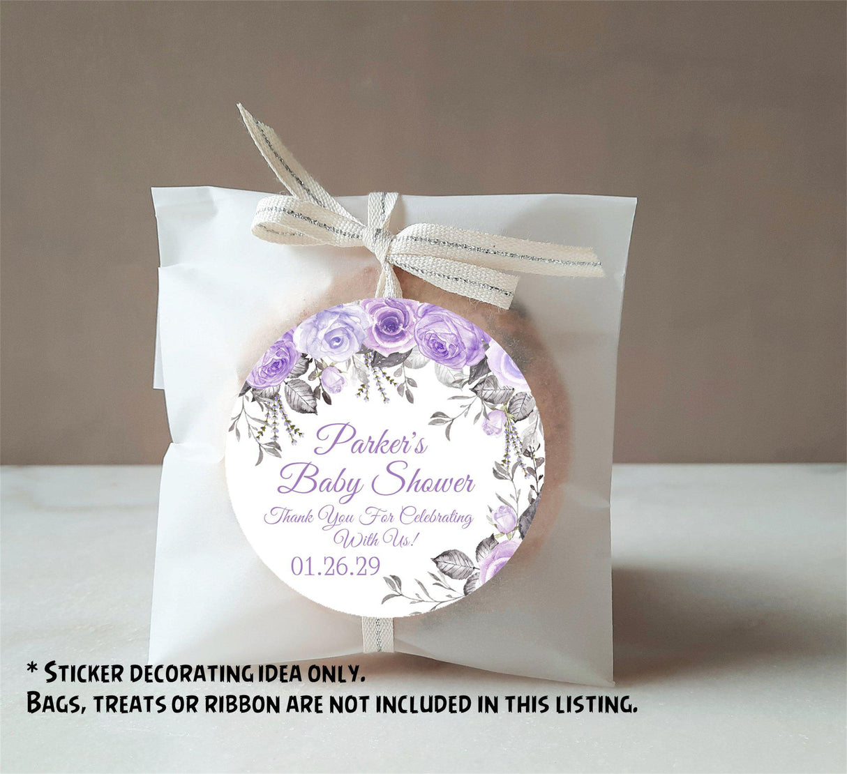 purple rose baby shower favor label