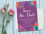purple wedding save the dates tropical floral theme