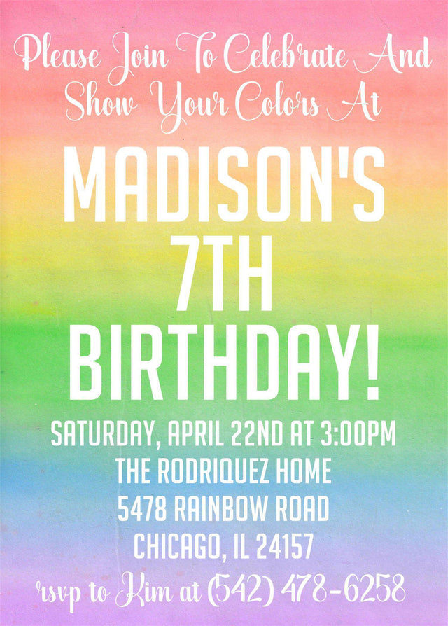rainbow birthday party invitations pastel watercolor design