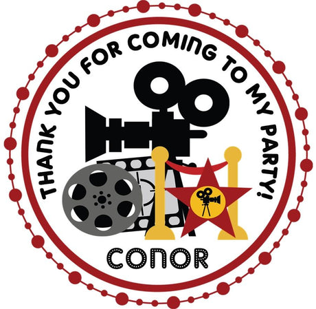 red and black movie camera birthday sticker