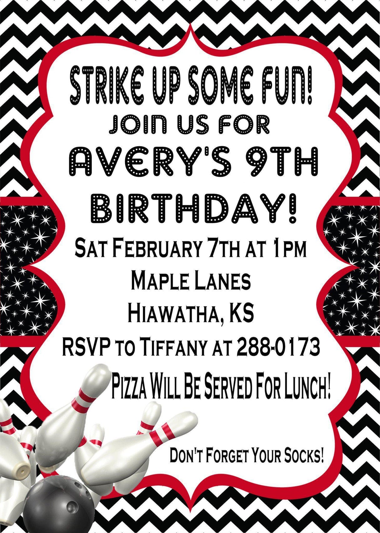 red black bowling invitation cards kids birthday party style