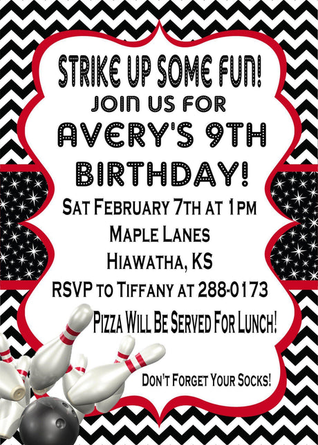 red black bowling invitation cards kids birthday party style