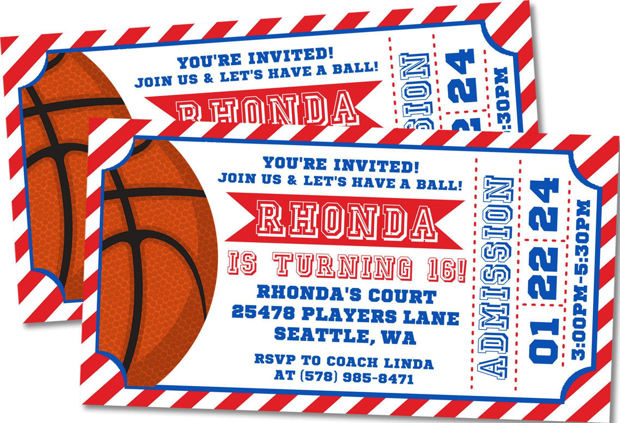red blue basketball ticket birthday invitations