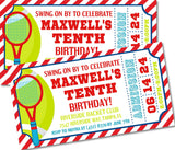 red blue yellow sports ticket party invitations tennis racket theme