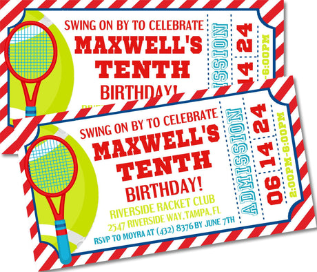 red blue yellow sports ticket party invitations tennis racket theme