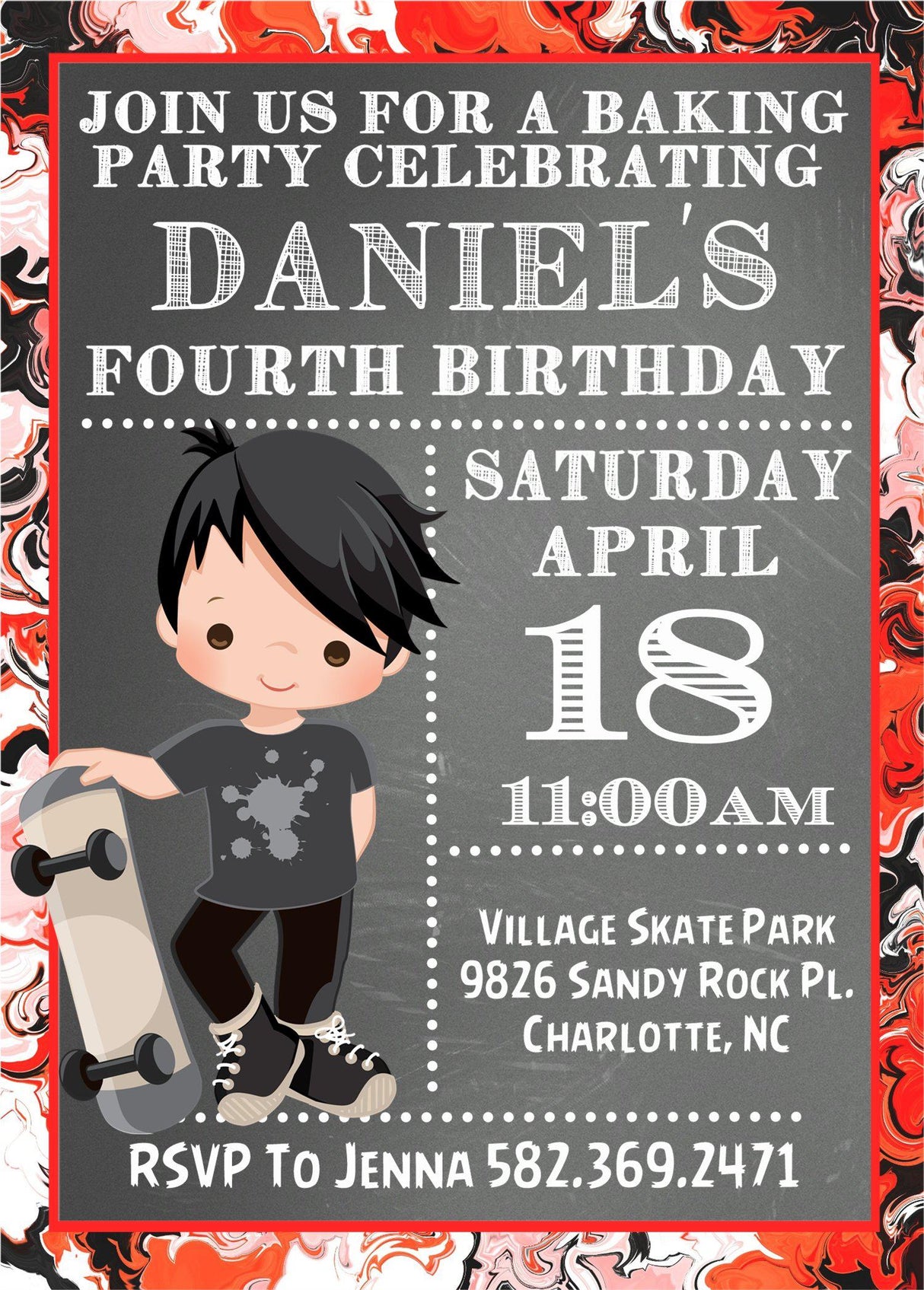 red skateboard invitation cards boys skater party style