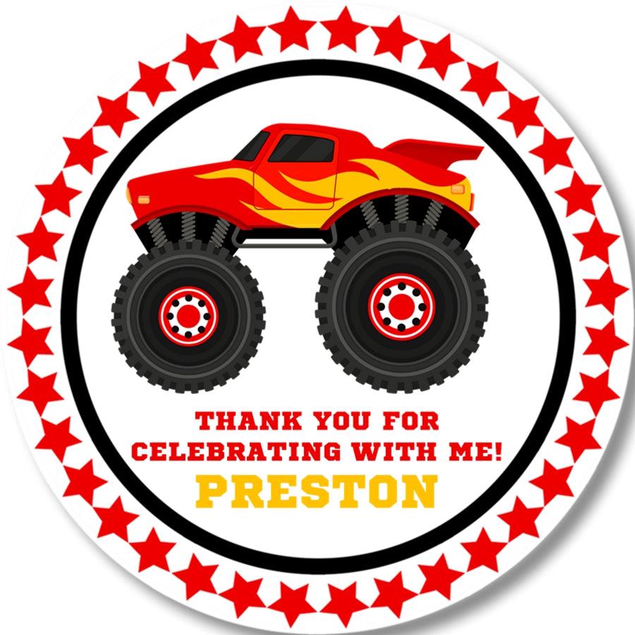 red yellow monster truck birthday sticker