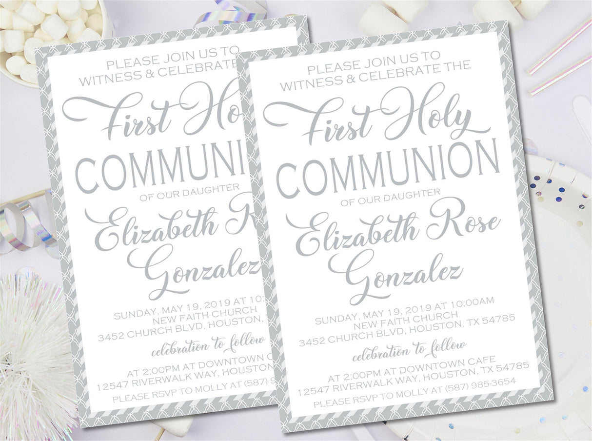religious communion invitation cards with damask background design