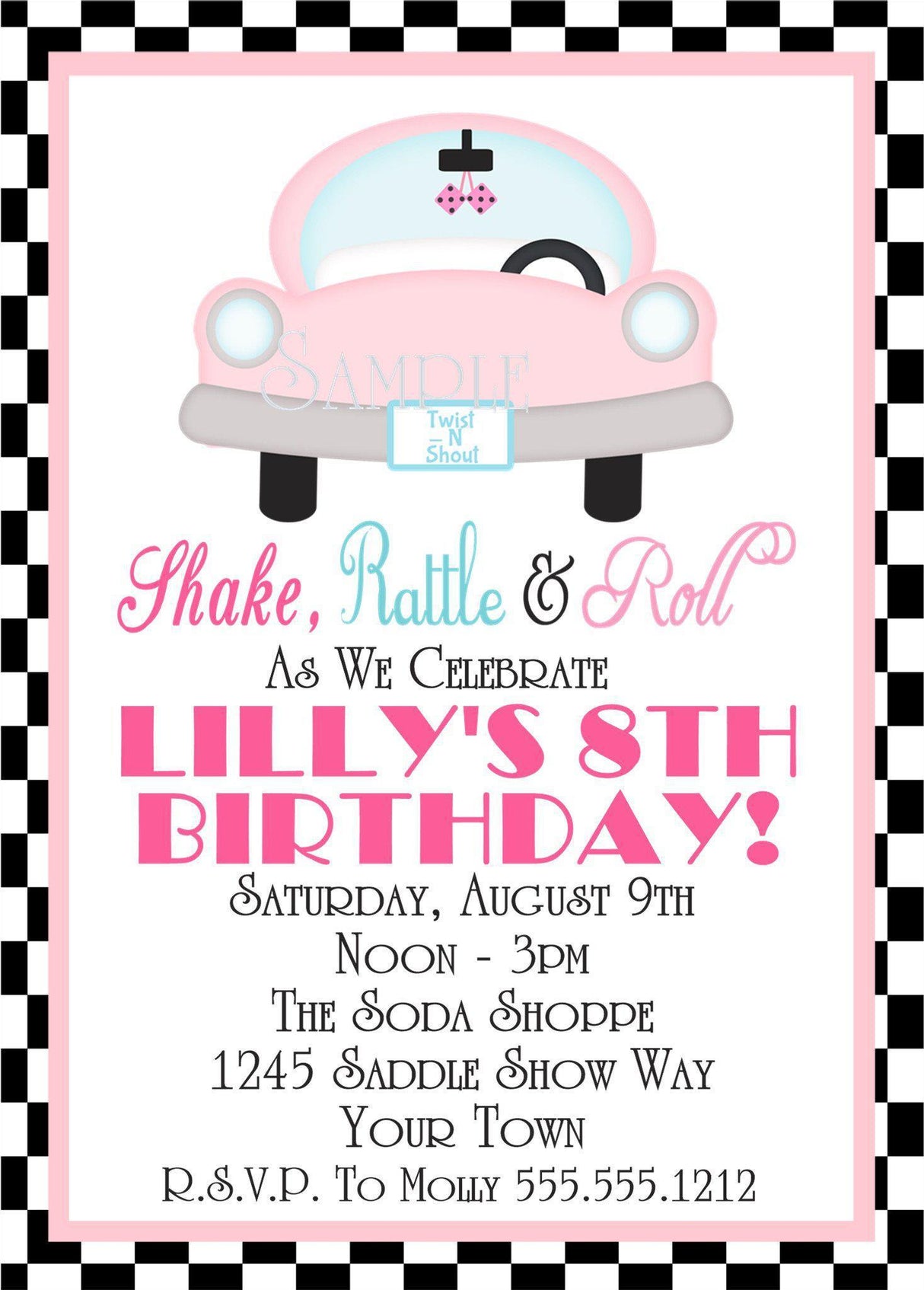 retro dinerbirthday invitations pink vintage car theme