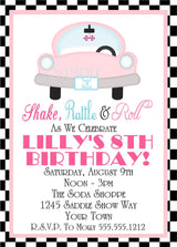 retro dinerbirthday invitations pink vintage car theme