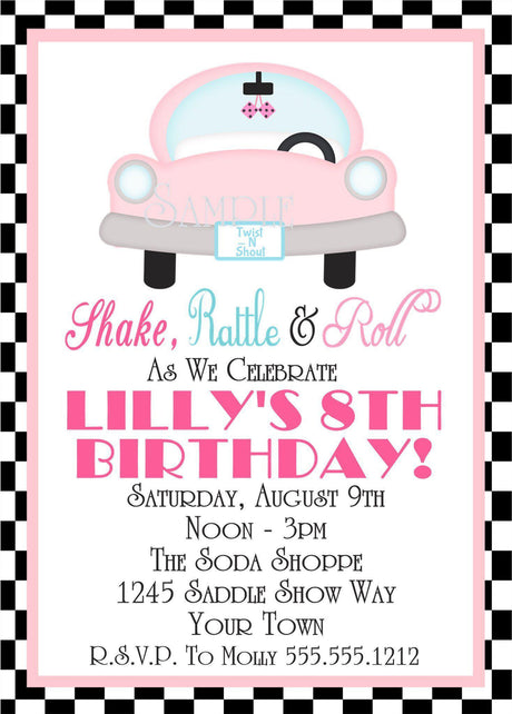 retro dinerbirthday invitations pink vintage car theme