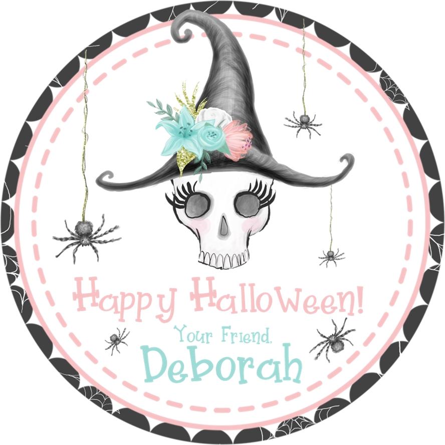 round halloween sticker showing skull wearing witch hat with pastel flowers