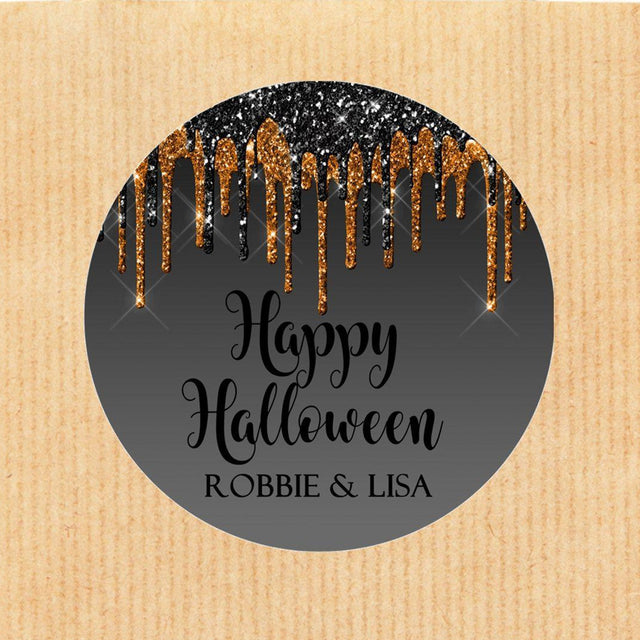 round halloween sticker with black background and cascading orange drip accents