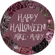 round halloween sticker with burgundy floral frame and dark background