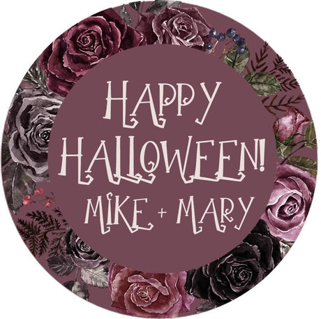 round halloween sticker with burgundy floral frame and dark background