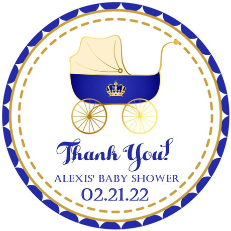 royal blue and gold baby shower sticker with baby carriage
