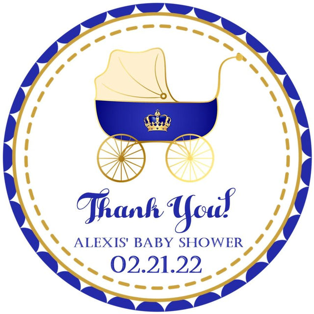 royal blue and gold baby shower sticker with baby carriage