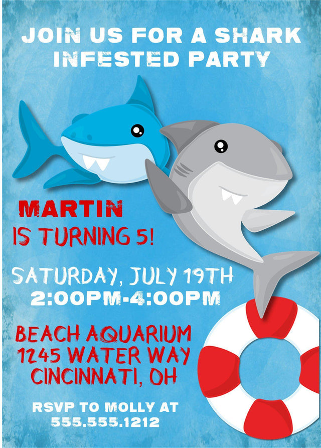 shark birthday party invitations aqua blue ocean design