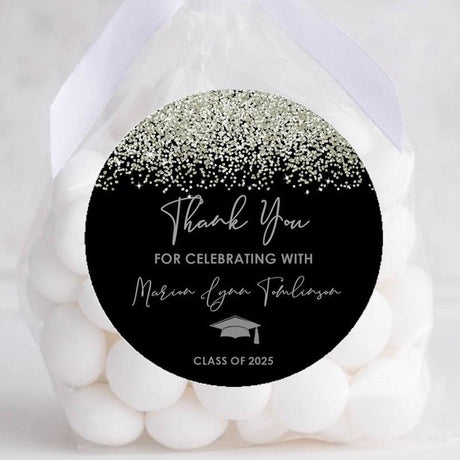 Sheet of silver and black graduation stickers – printed glitter look