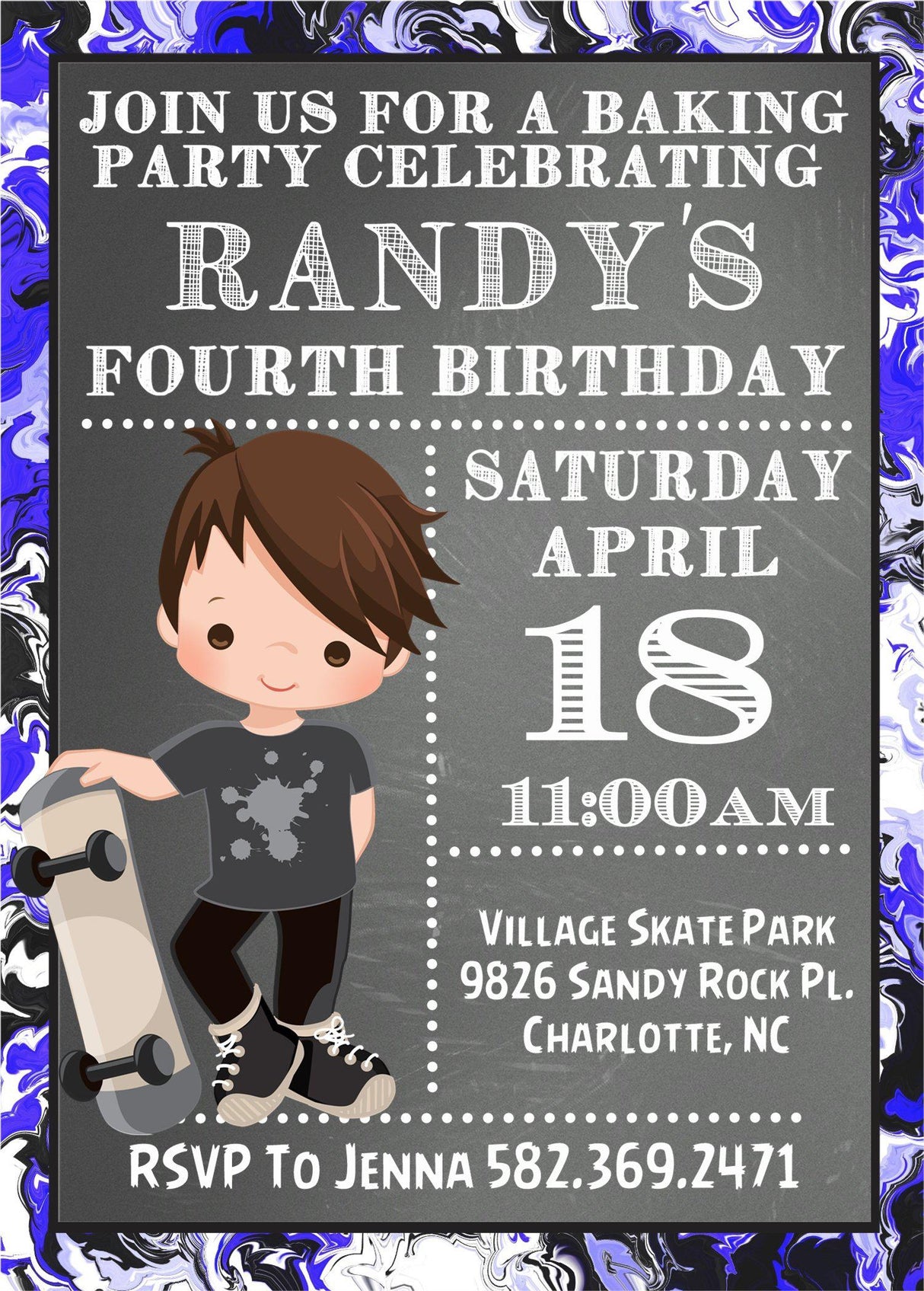 skater boy birthday party invitations blue black white design