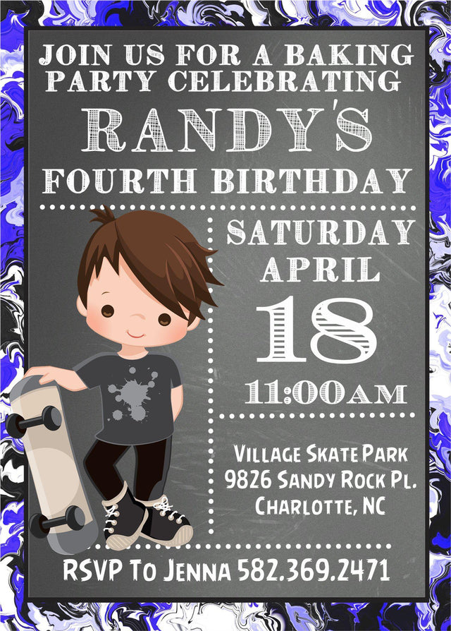 skater boy birthday party invitations blue black white design