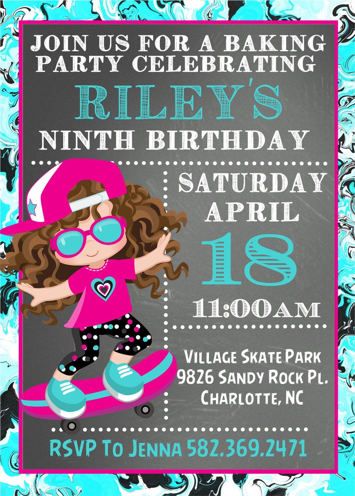 skater girl birthday invitations graffiti skateboard theme