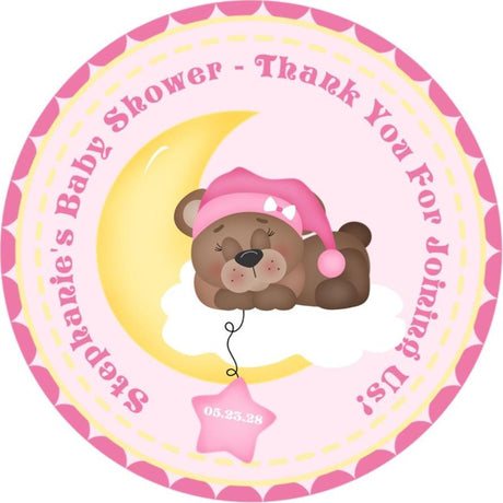 sleeping bear baby shower sticker with pink star balloon