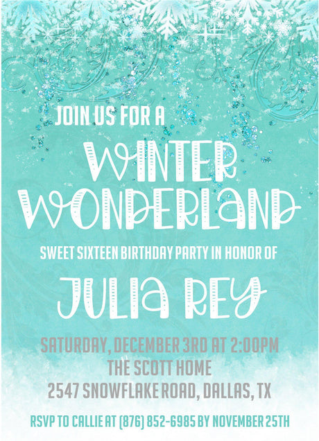 snowflake sweet sixteen invitations glamorous winter theme